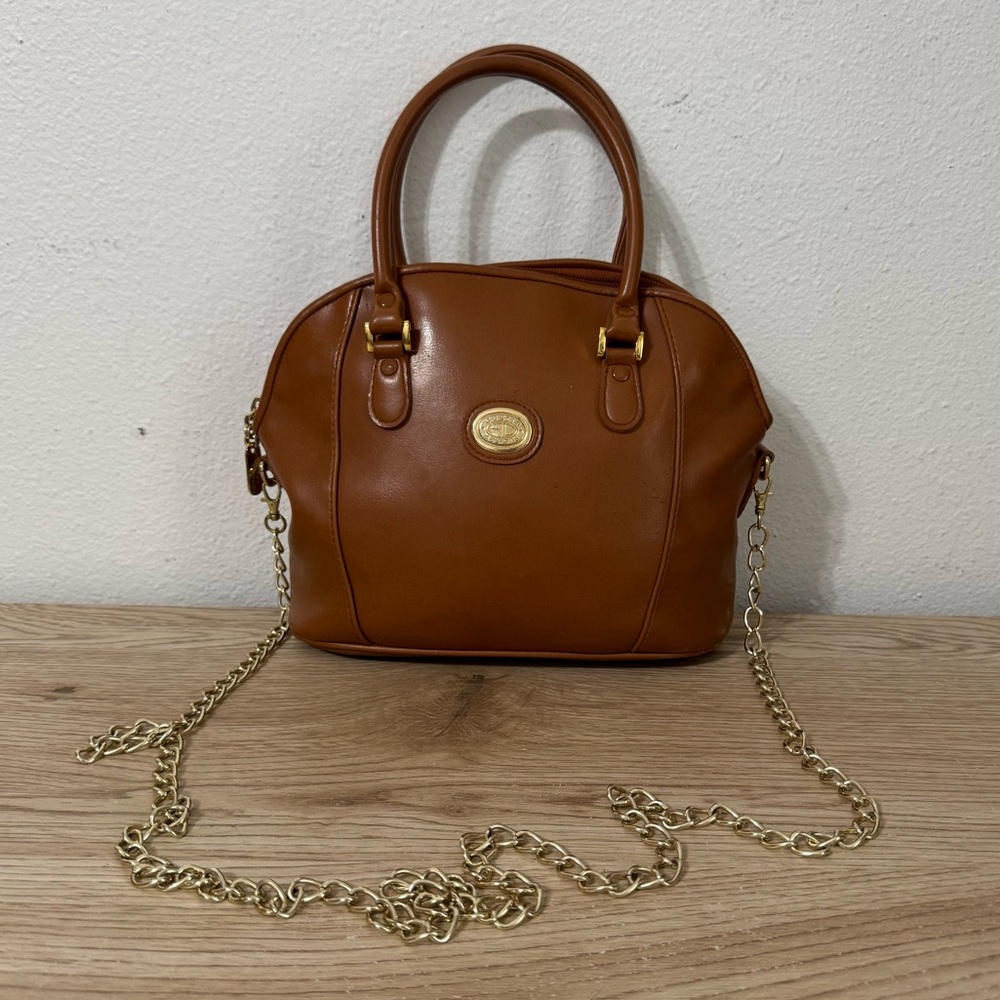 Austin Designs British Tan Double Handle Satchel‎ Bag Crossbody Purse Gold Chain